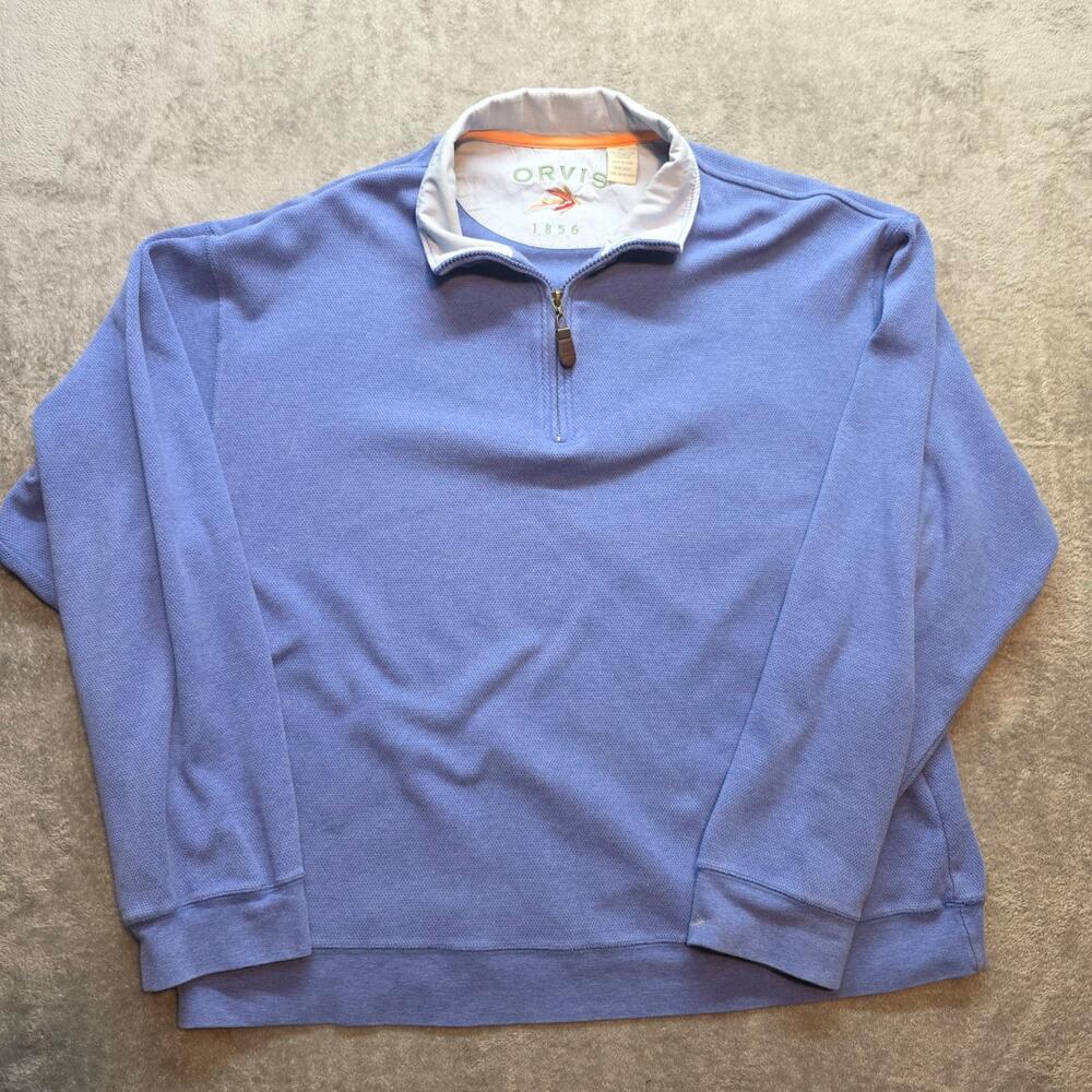 Orvis Sweater Mens XL Blue 1/4 Zip Mock Neck Cotton Stretch Knit Pullover